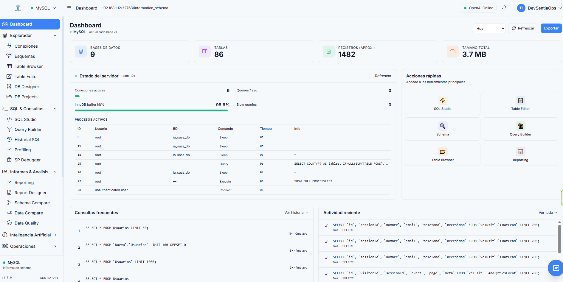 Sentia Ops — panel de administración de bases de datos a medida