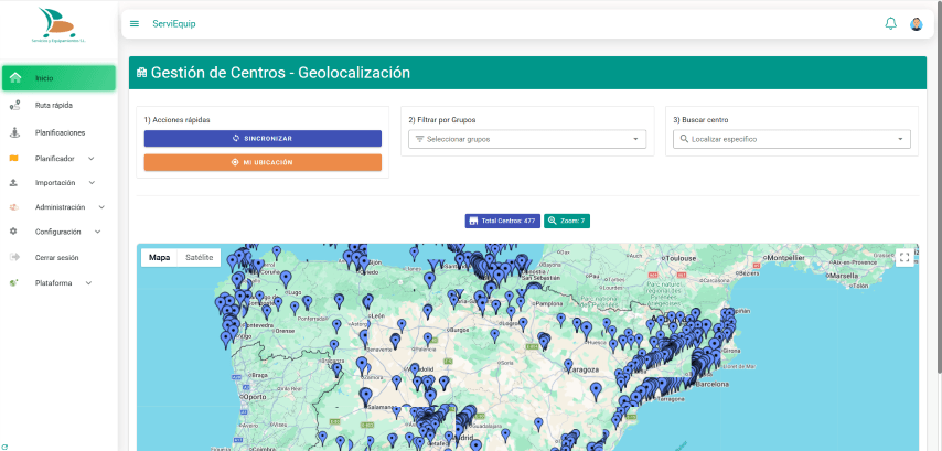 Serviequip — gestión de rutas y centros a medida