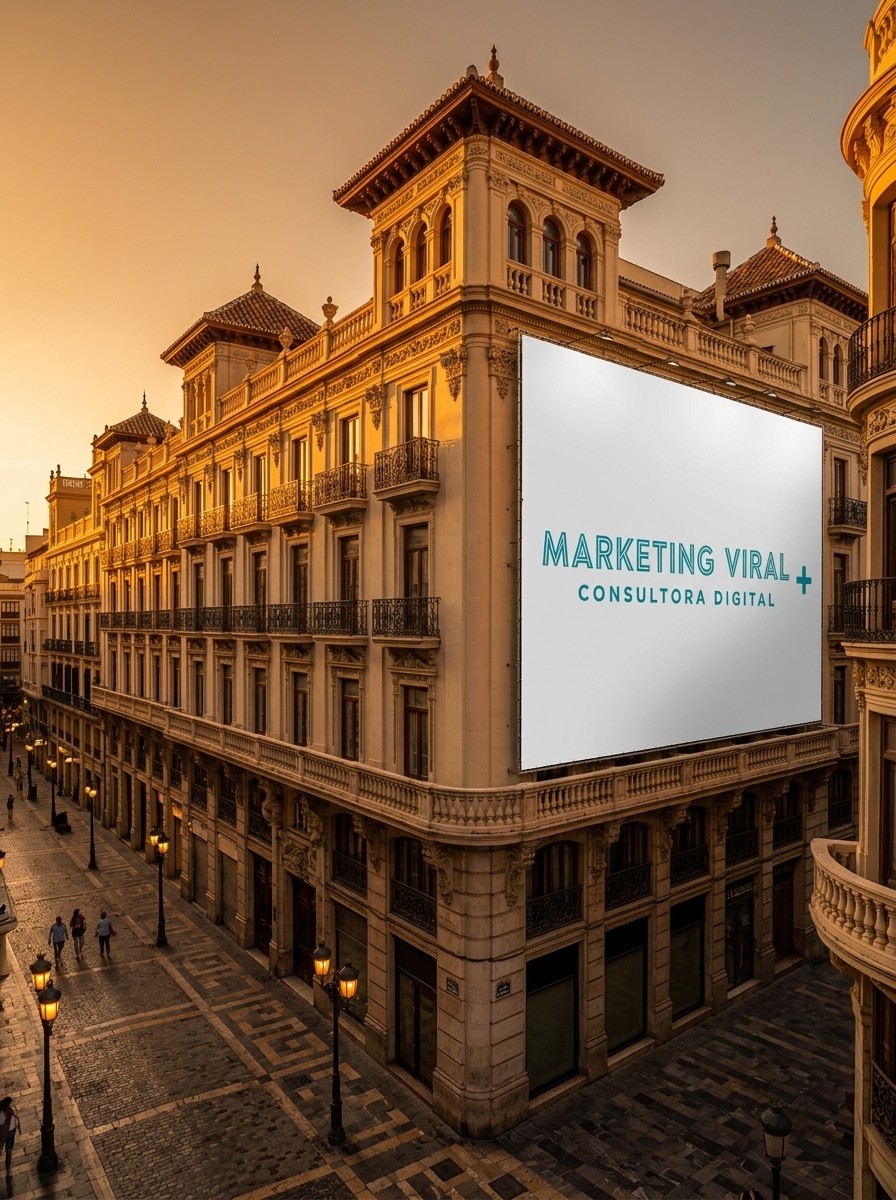 Logotipo de Marketing Viral Plus aplicado a una valla publicitaria real en una calle de Valencia